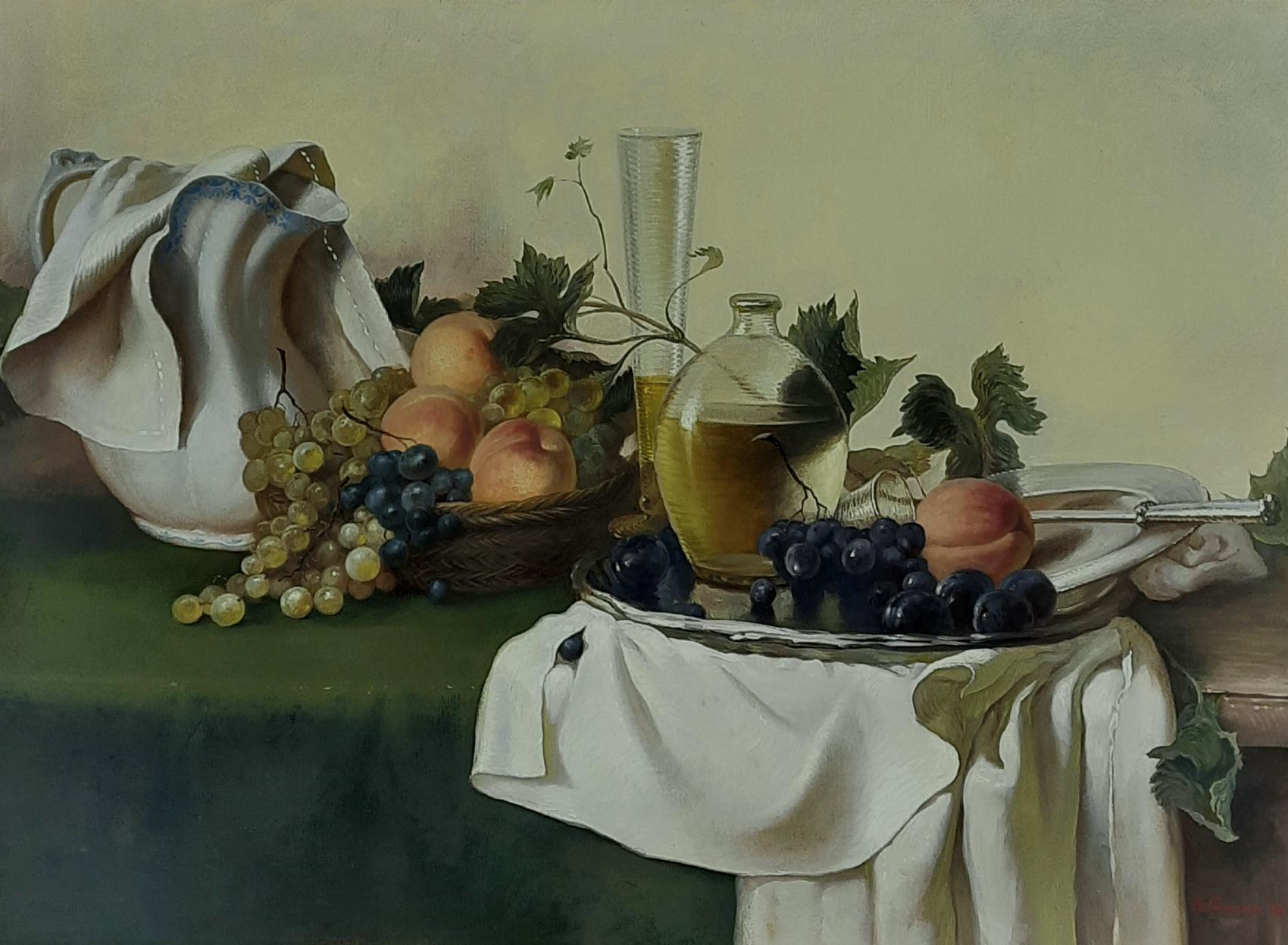 Картина: Натюрморт с персиками и виноградом. Изображение №1