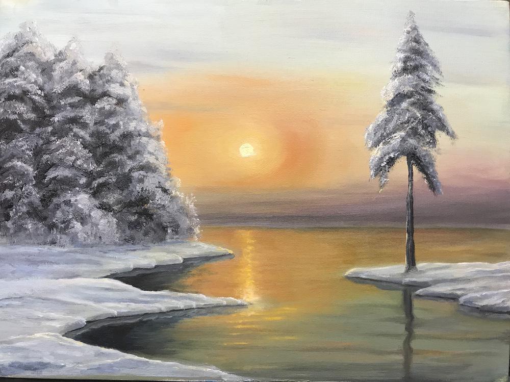 Картина: Зимний закат на озере. Изображение №1