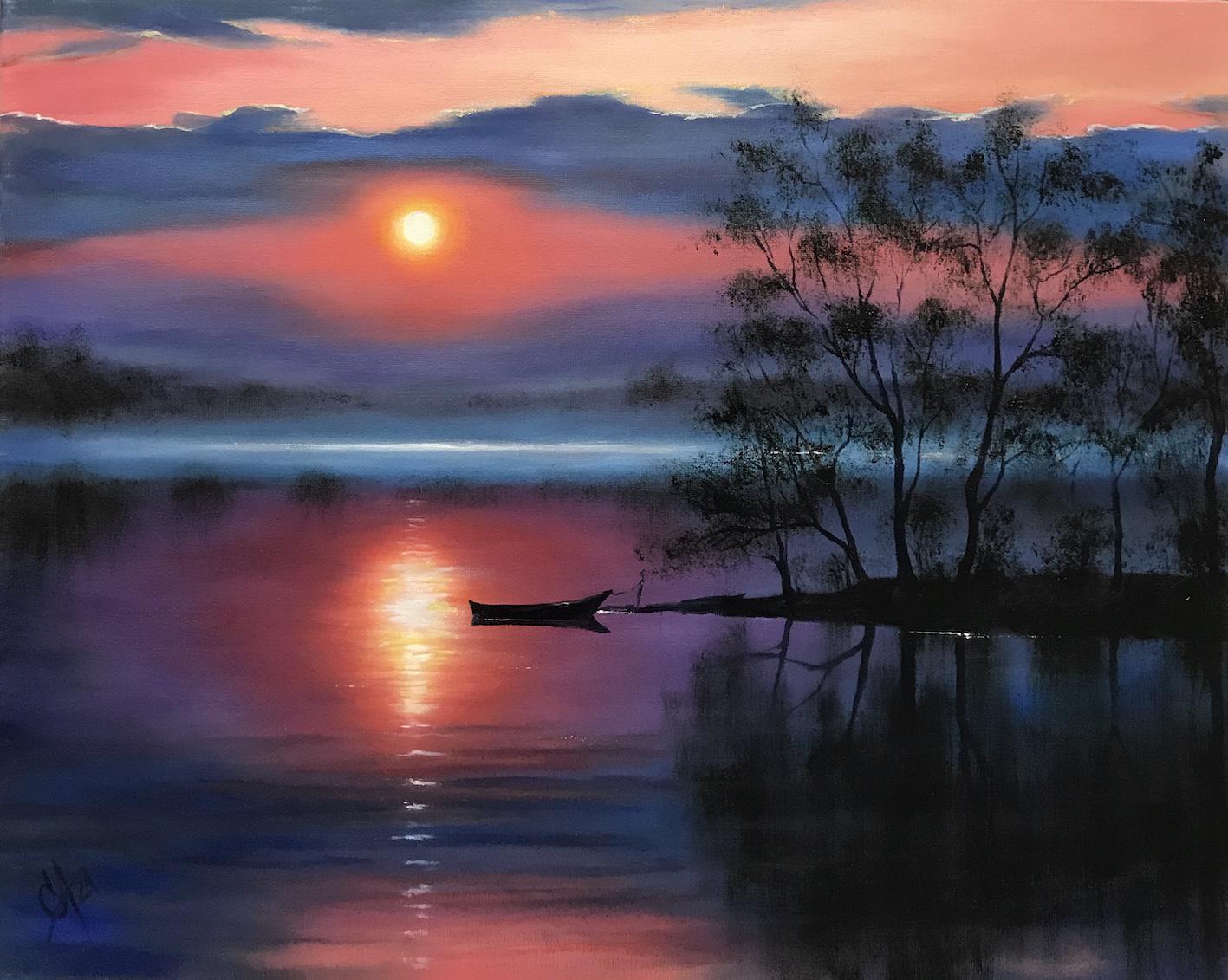 Картина: Яркий закат на озере. Изображение №1