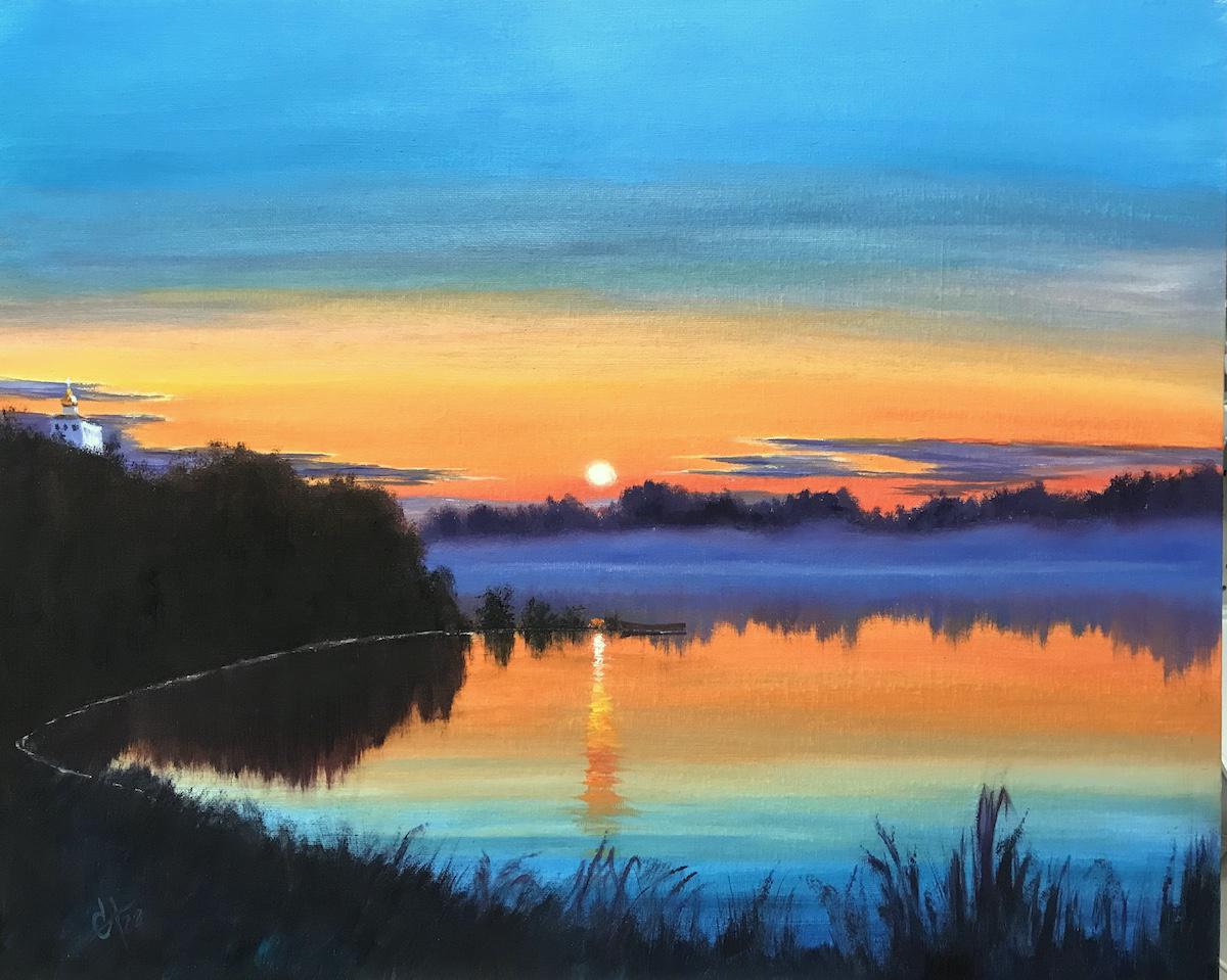 Картина: Оранжевый закат на озере. Изображение №1