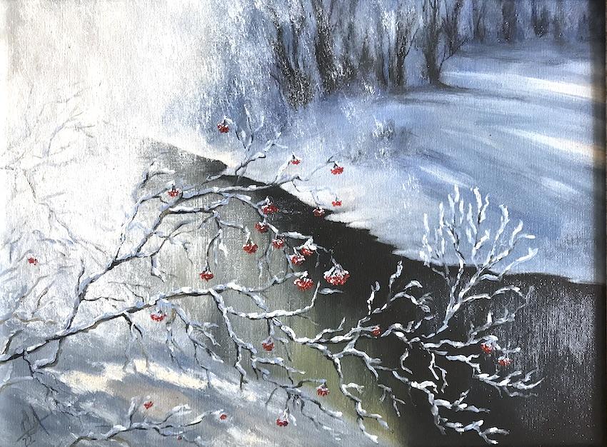 Картина: Рябина у реки. Снег. Изображение №1