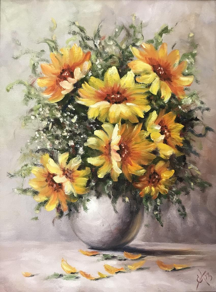 Картина: Желтые цветы в круглой вазе. Изображение №1